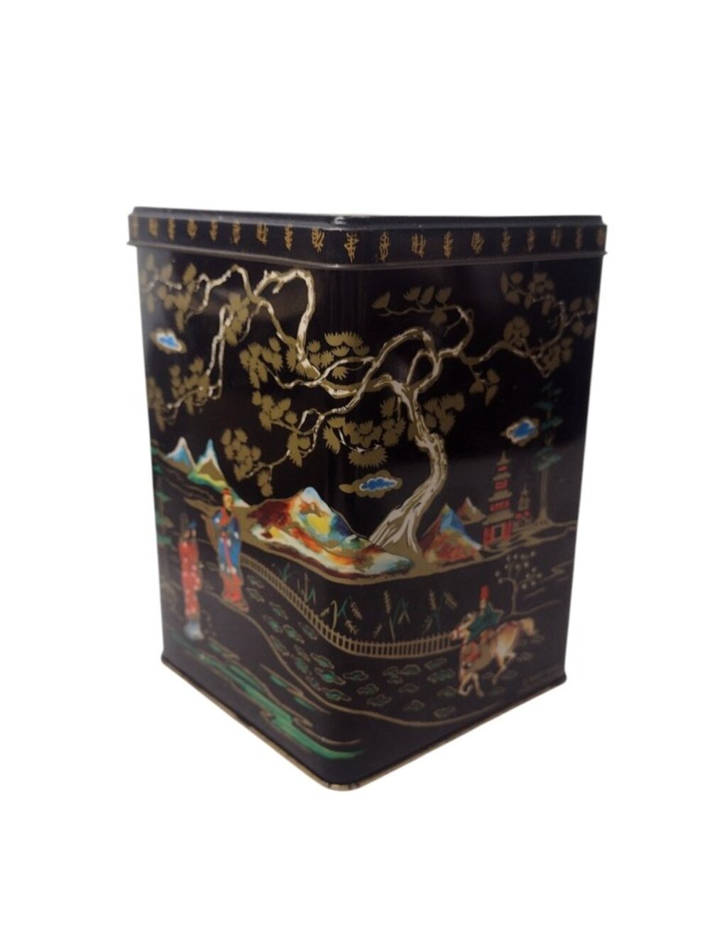 Vintage Baret Ware Asian Style Hinged Tin Tea Caddy England Garden Pagoda Geisha